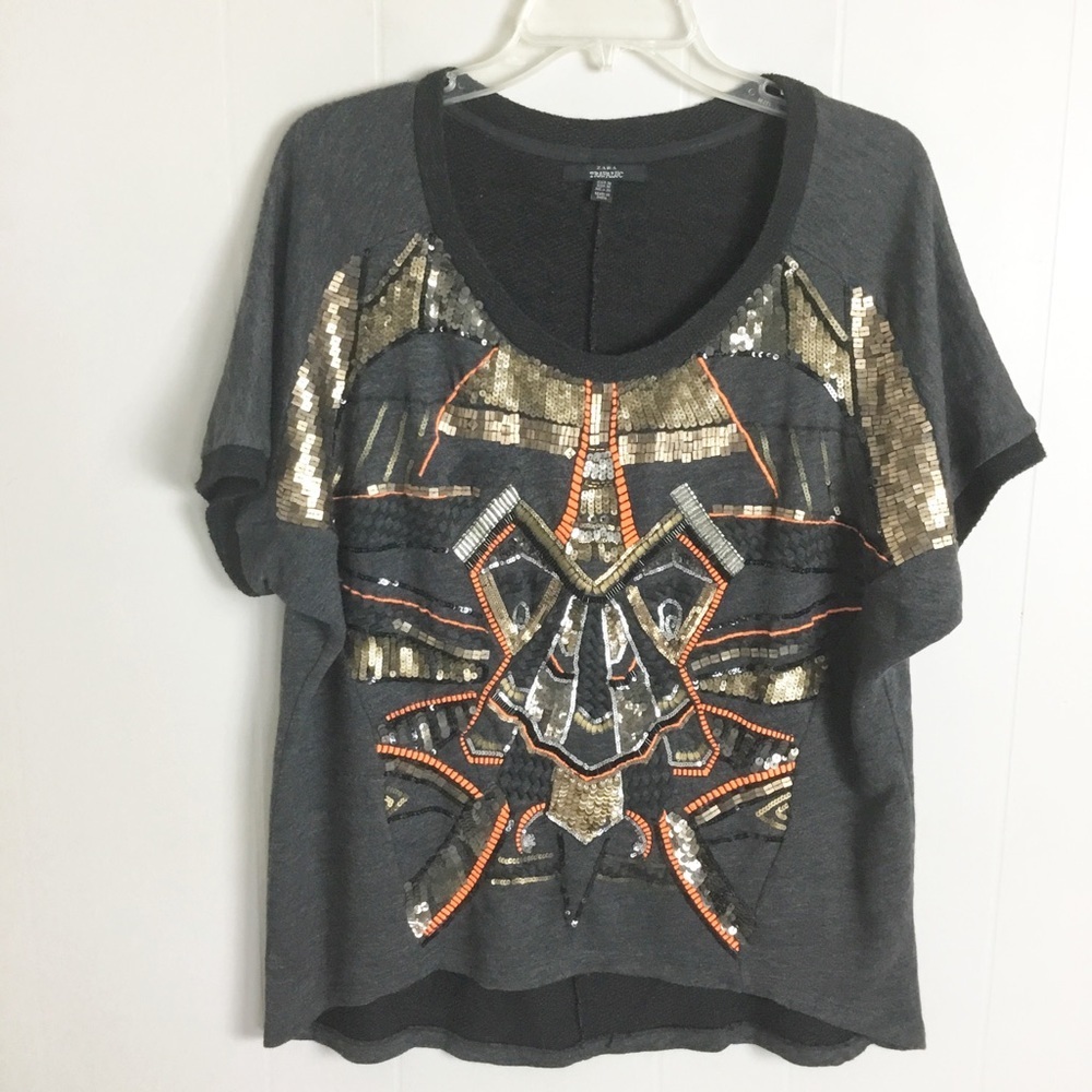 Zara Sequined Top Blouse Size M Short Sleeve